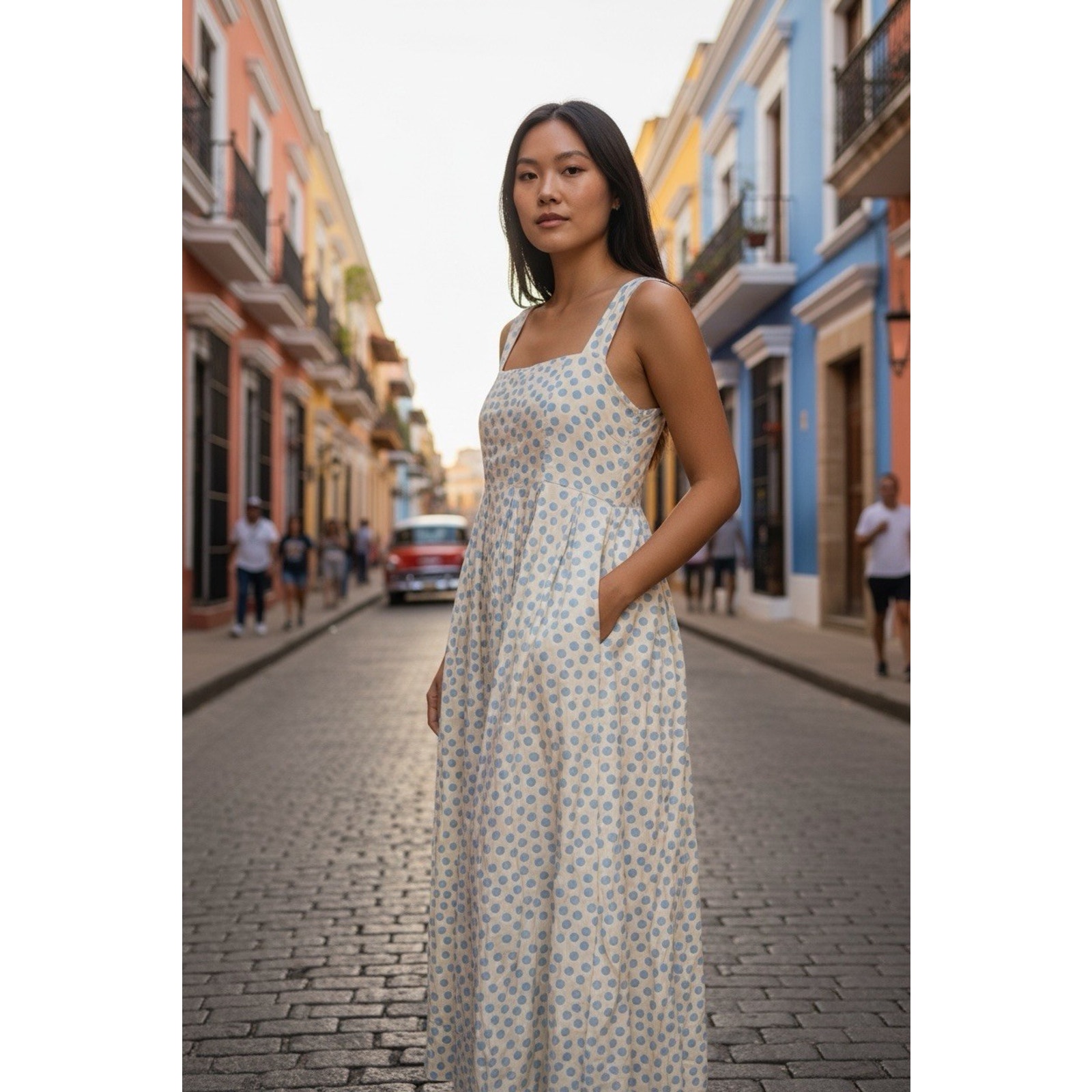 Anthropologie Hatch Square Neck Midi Sun Dress Maternity 0/Xspolka Dot Pockets